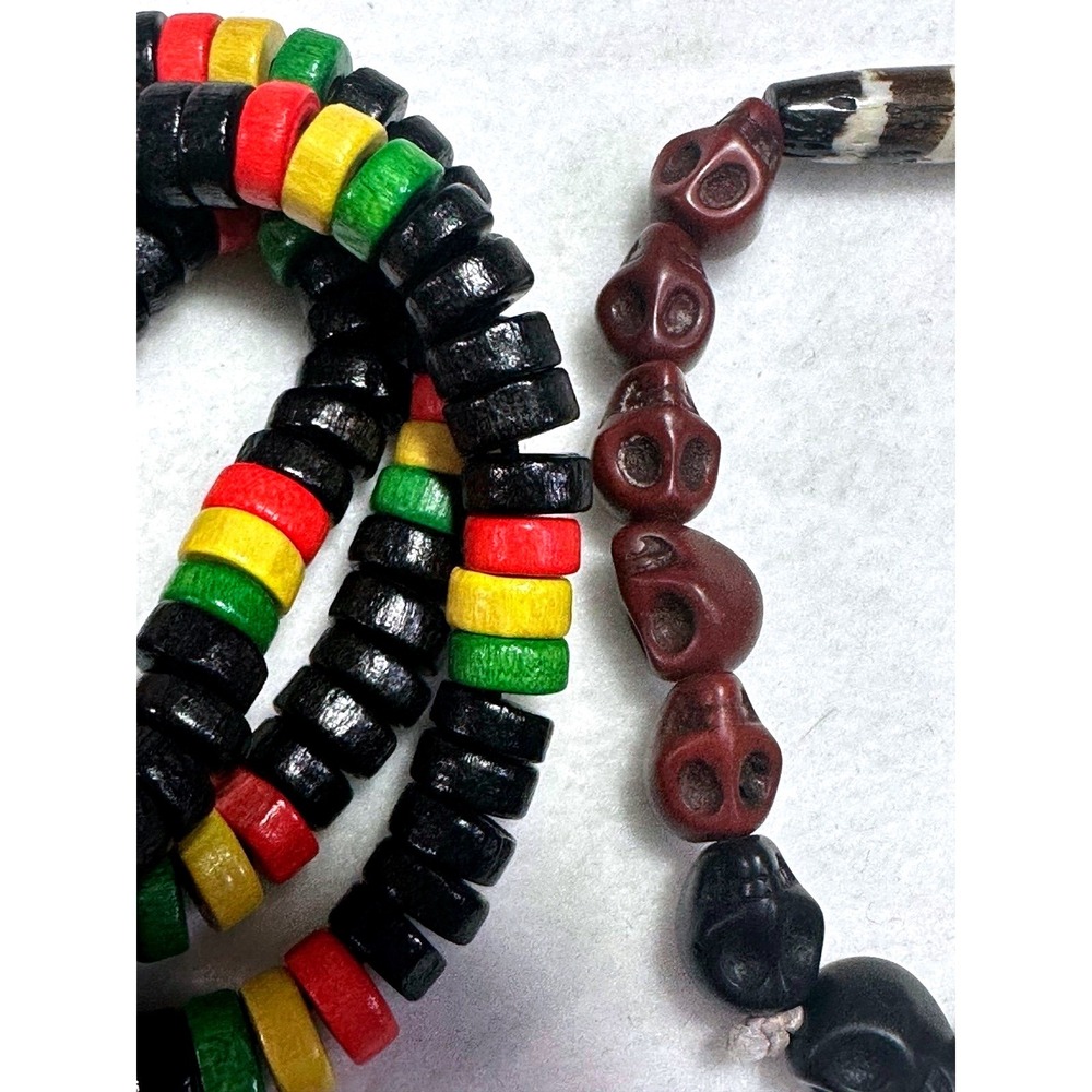 Rasta Wood Bead Necklace and Carved Skull Bone Style Bracelet Jewelry Set - Picture 1 of 4